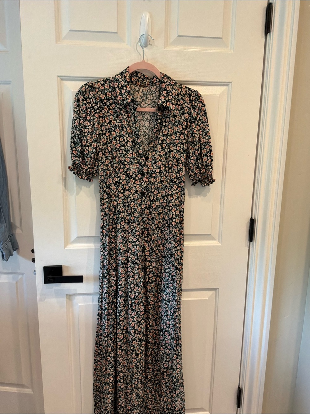 Free People Black Maxi Dress with Pink Floral Print